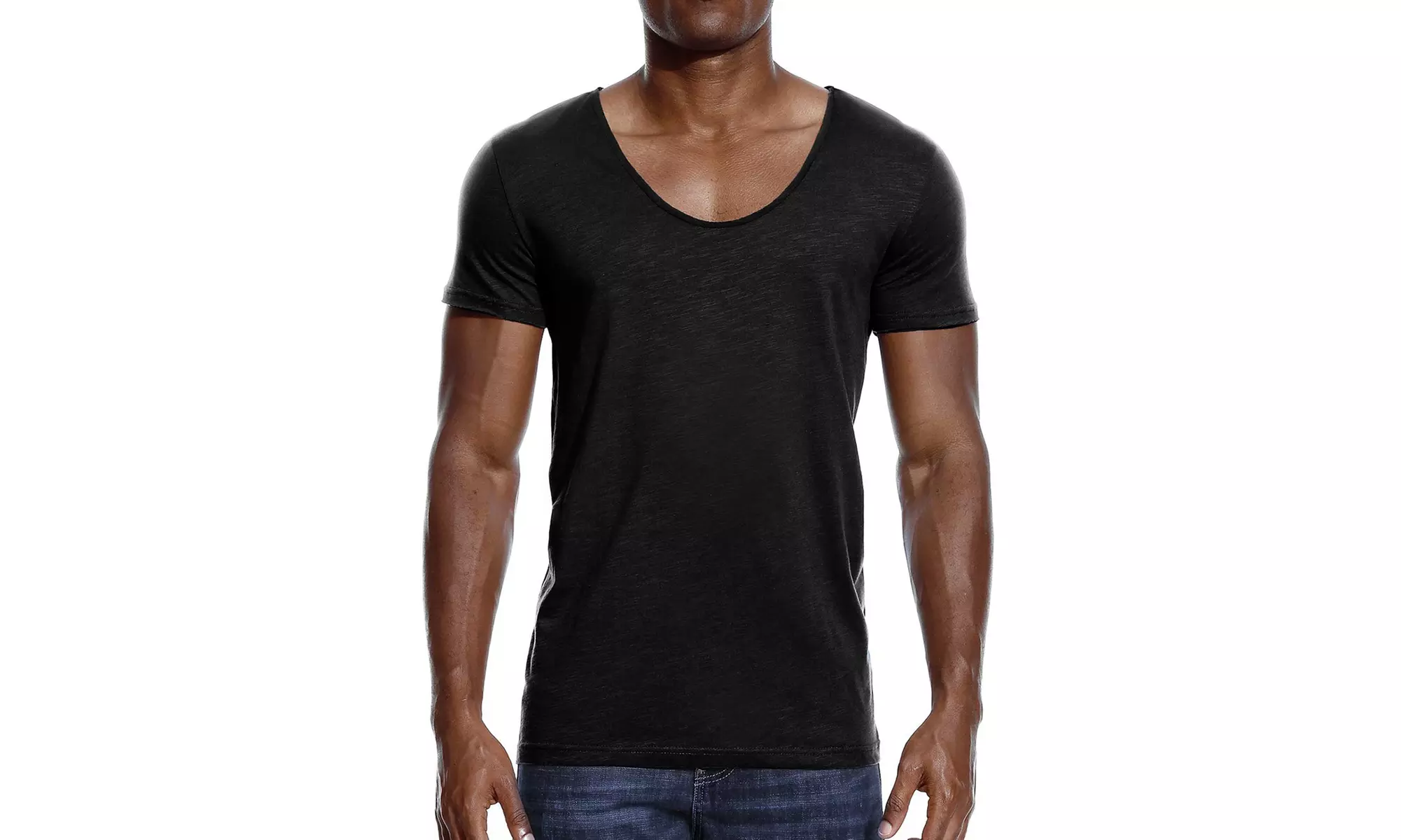 Mens Deep V Neck T Shirts Scoop Neck Slim Fit Basic Tee Shirt Casual Top - Primary Image