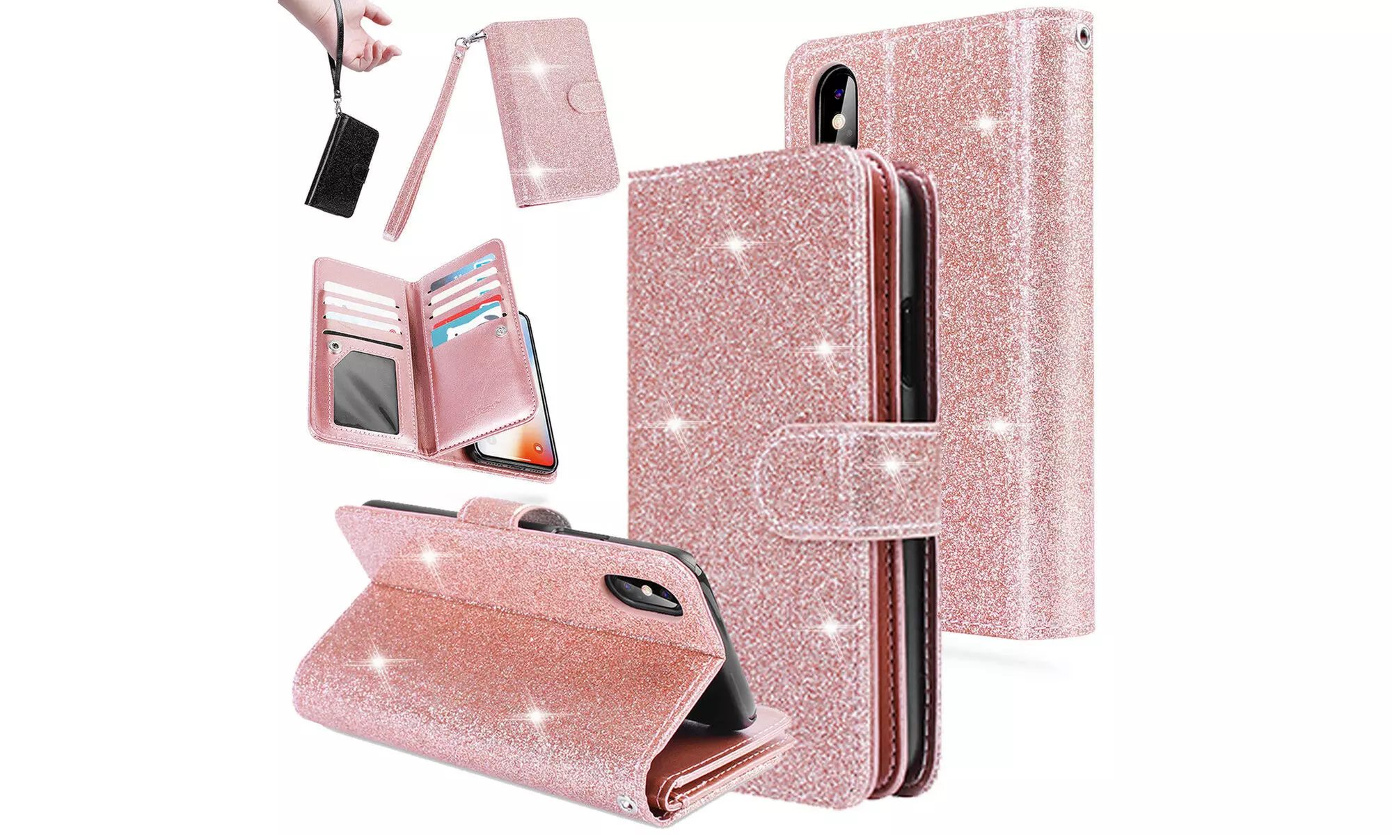 Flip Leather Bling Glitter Wallet Case Stand for iPhone X, 7/8, 7 Plus - Primary Image