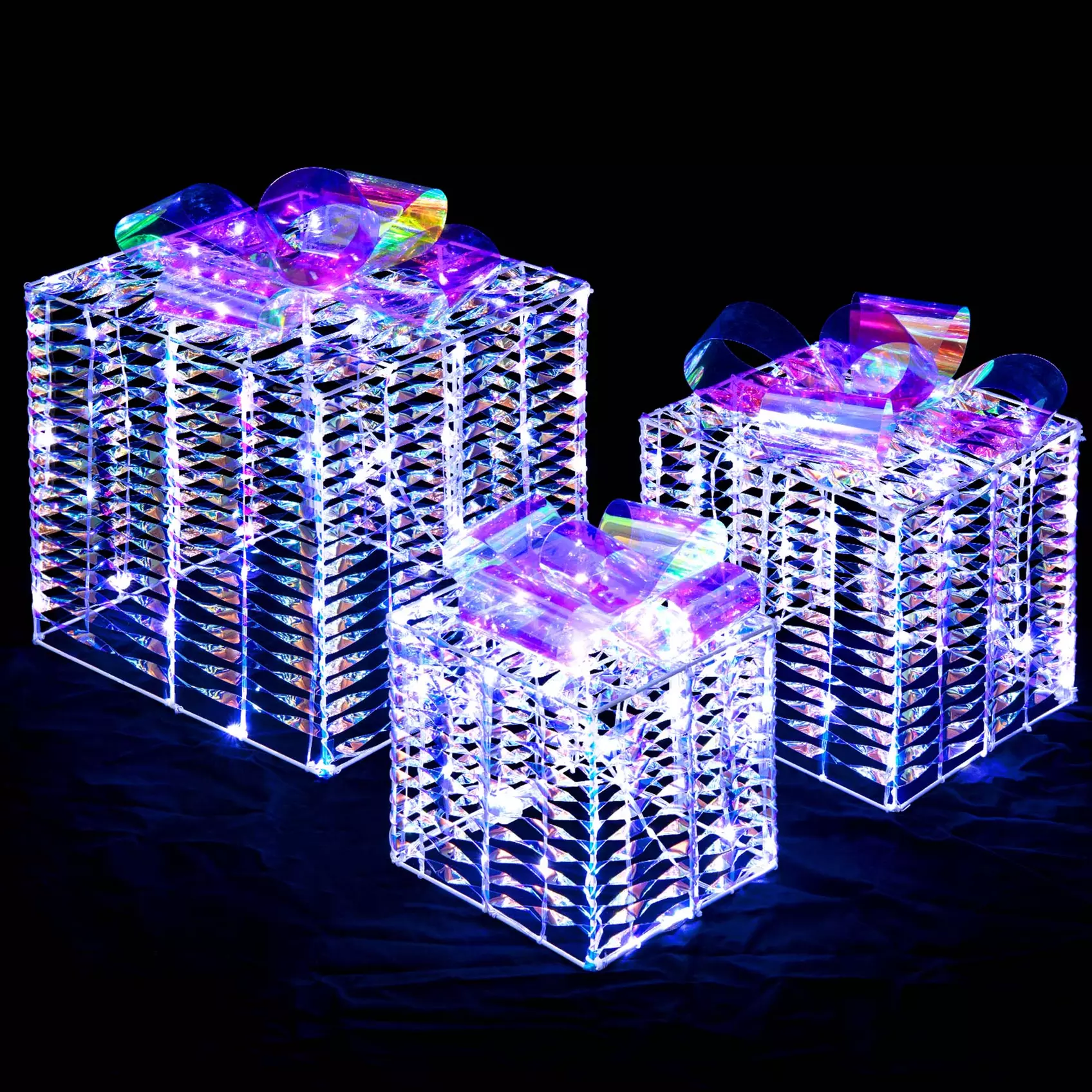 Costway 3 Sets Iridescent Christmas Gift Box LED Lighted Present Box Decor Yard