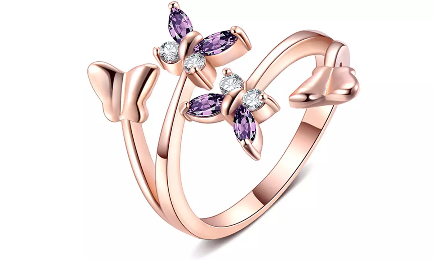 18K Gold Plated Adjustable Rings Butterfly Ring Stacking Statement Open Rings - Second Medium