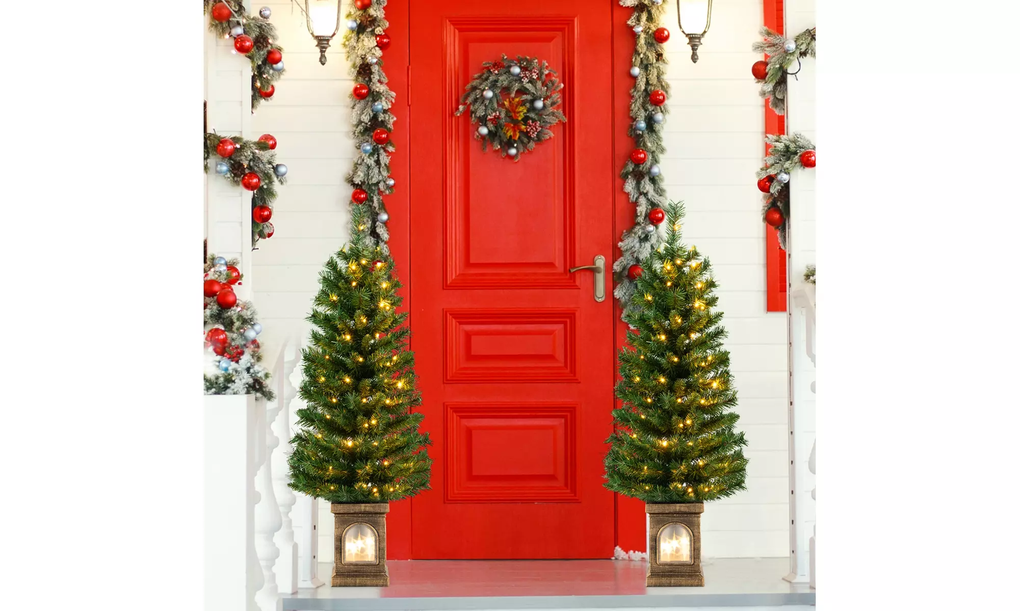 Costway 4 FT Pre-Lit Potted Christmas Tree Artificial Decor 3 Lighting Modes