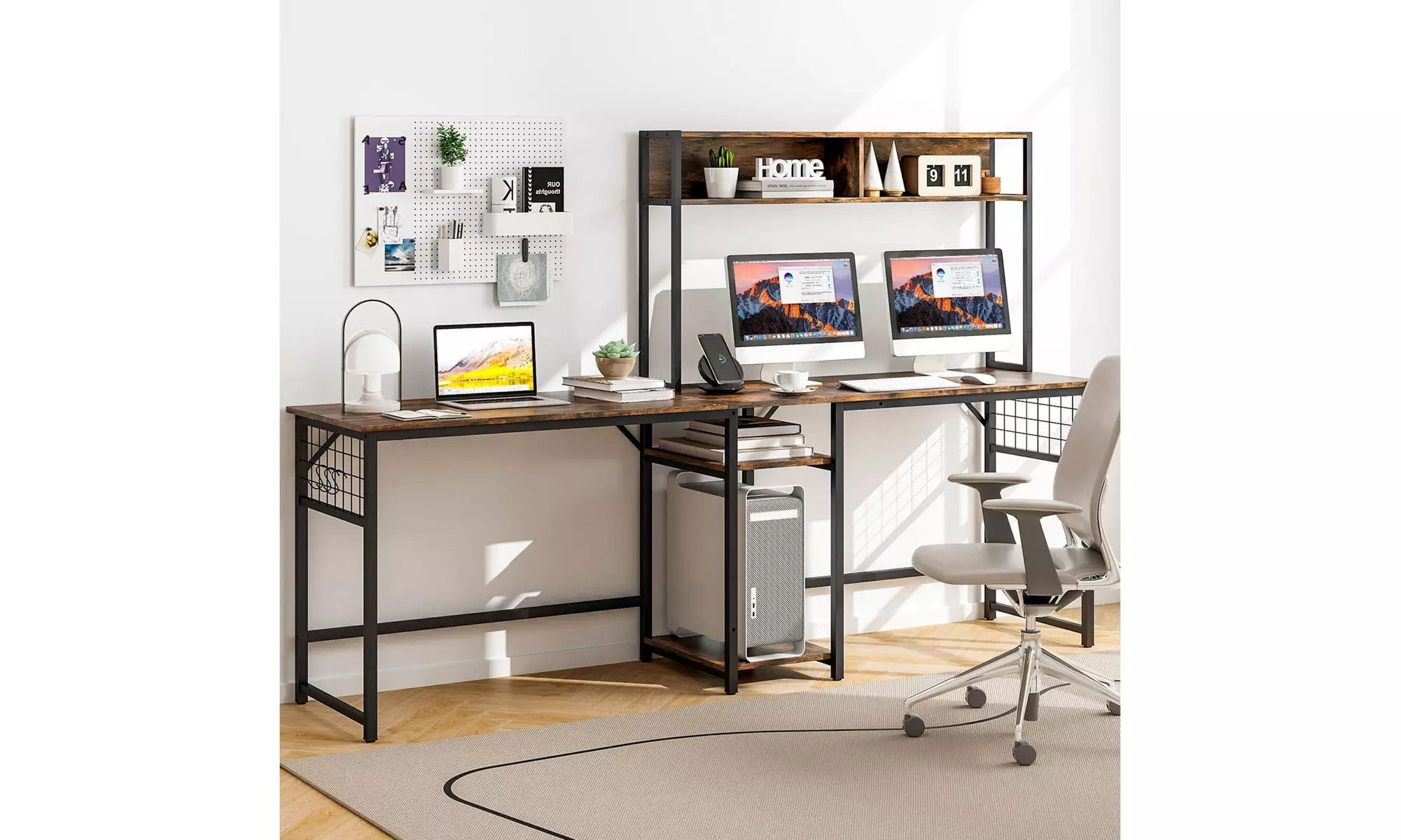 L-shaped Desk with Power Outlet Large Corner Desk Converts to 2-Person Long Desk