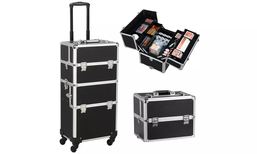Pink/Black/Silver Rolling Trolley Makeup Art Beauty Train Case Cosmetic - Primary Image