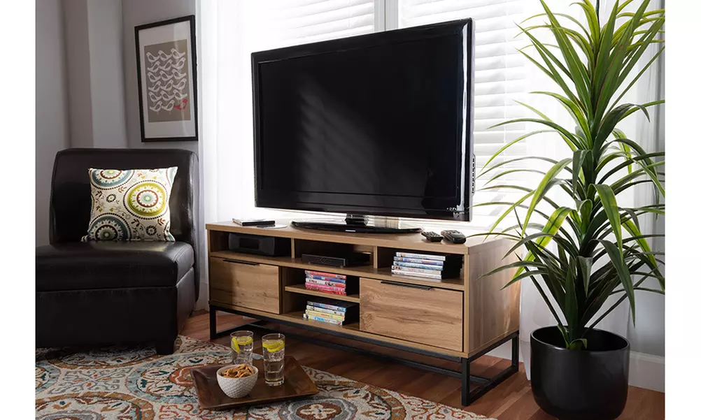 Reid Industrial Oak Finished Wood and Black Metal 2-Drawer TV Stand - Primary Image
