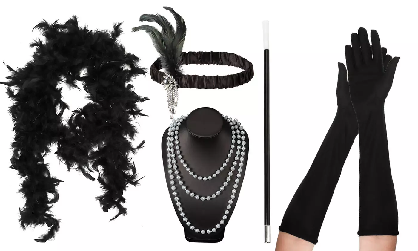 5Pcs Vintage 1920s Flapper Headband Feather Pearl Necklace Glove Accessories Set - Primary Image