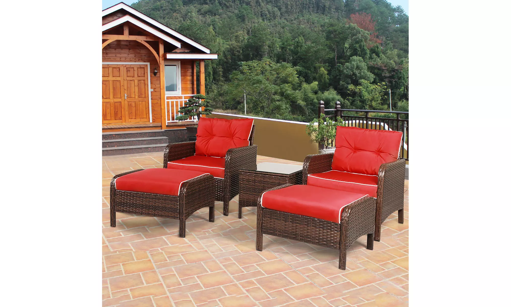 5 PCS Patio Rattan Wicker Furniture Set Sofa Ottoman W/Red Cushion Garden Yard - Primary Image