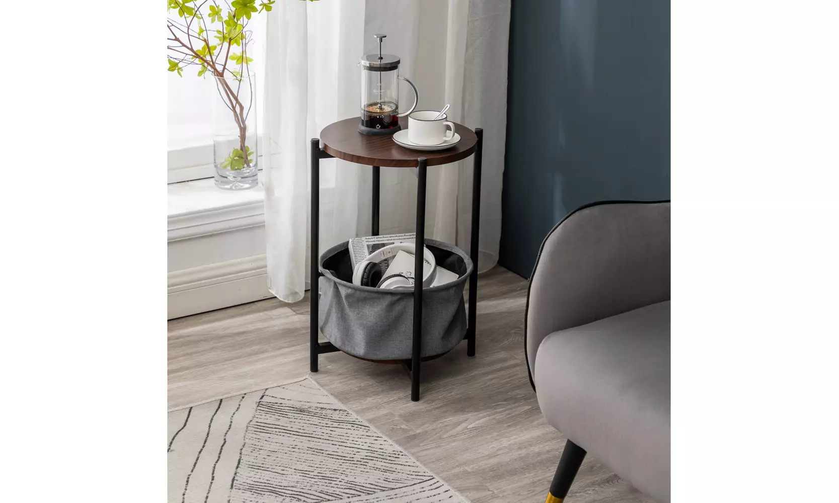 Round End Side Table with Storage Basket - Primary Image