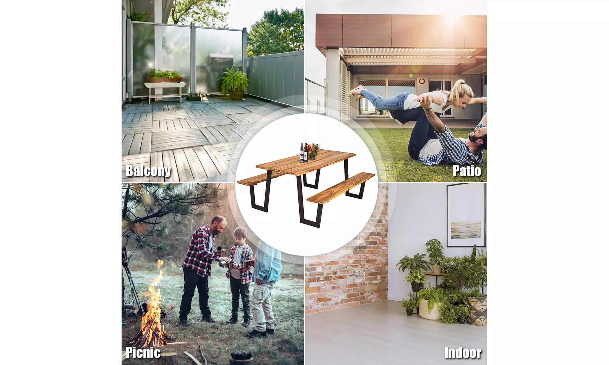 Picnic Table Bench Set Outdoor Camping Wooden 2 Built-in Benches w/Umbrella Hole