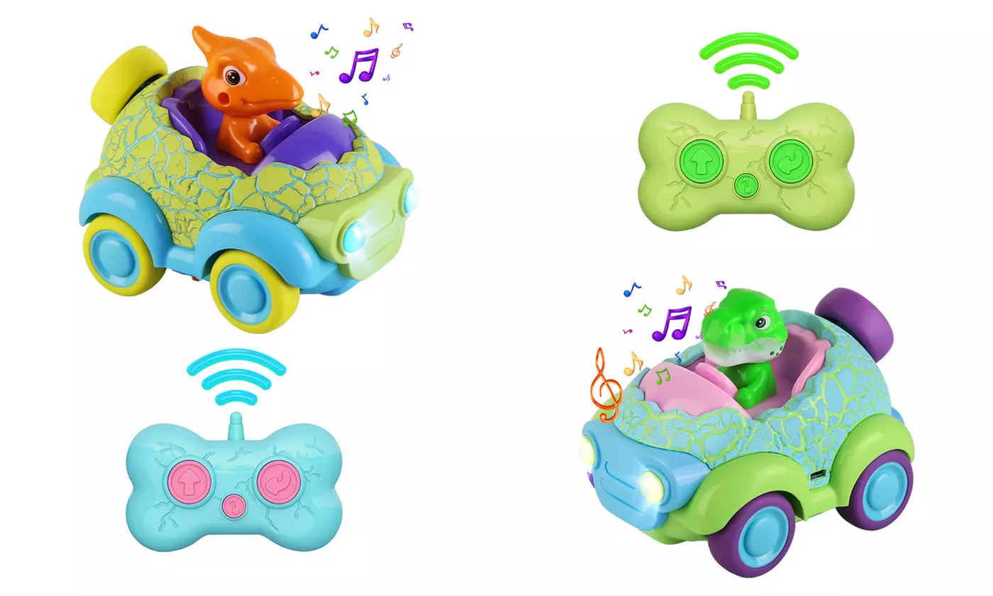 BabyLuv Dinosaur RC Cars with LED Lights & Music Kids Remote Control Car (2pk)