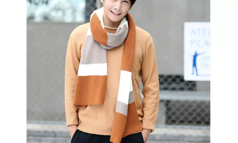 Mens Winter Knit Scarf Color Block Long Striped Scarf Knit Fashion Scarves  - Second Medium