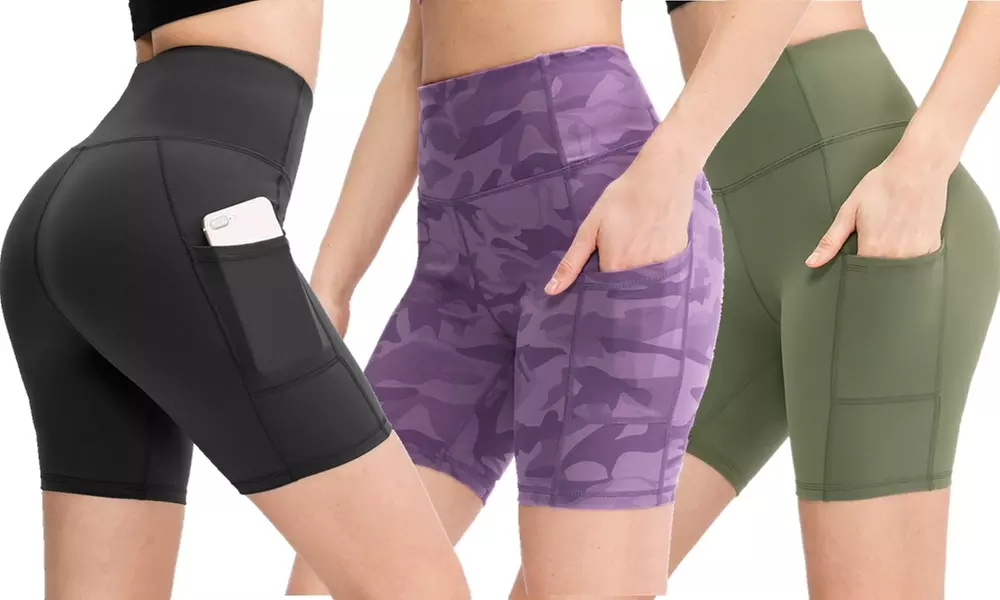 Women High Waist Yoga Shorts with Pockets, Tummy Control Workout Running Shorts - Primary Image