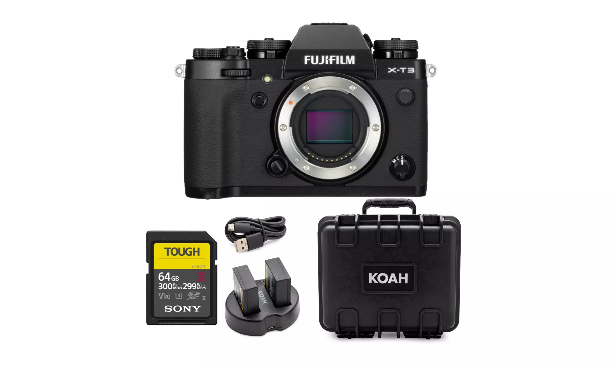 Fujifilm X-T3 Mirrorless Camera Body (Black) with 64GB Card and Hard Case Bundle - Primary Image