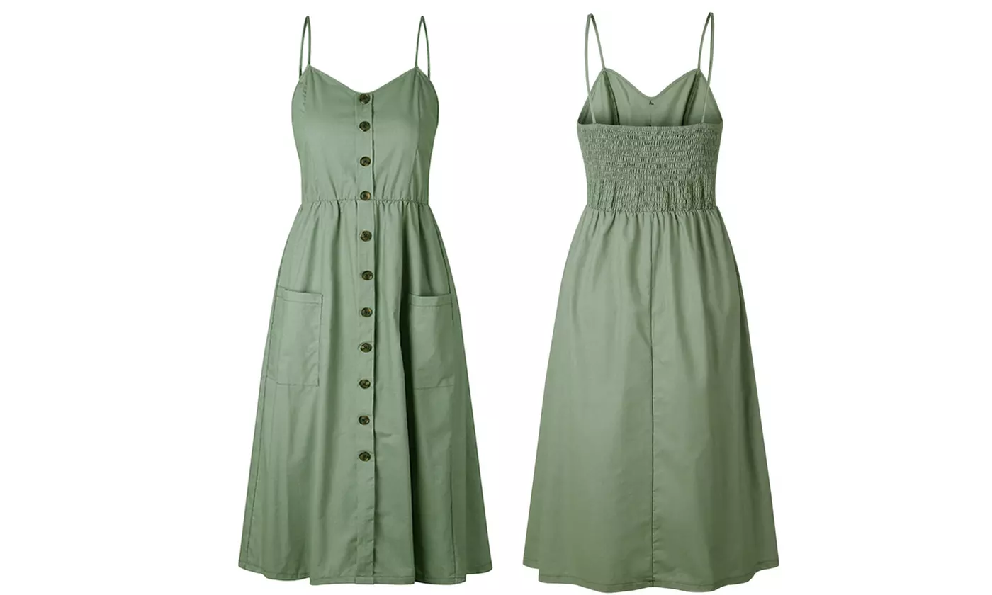 Womens Floral Summer Dress Spaghetti Straps Pocket Sundress Beach Midi Dress