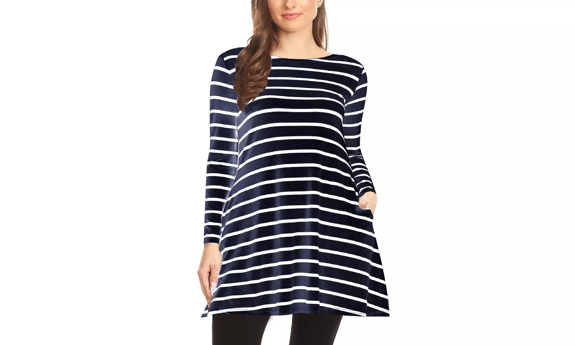 Striped A-Line Pockets Long Sleeves Relaxed Fit Dress Tee Top