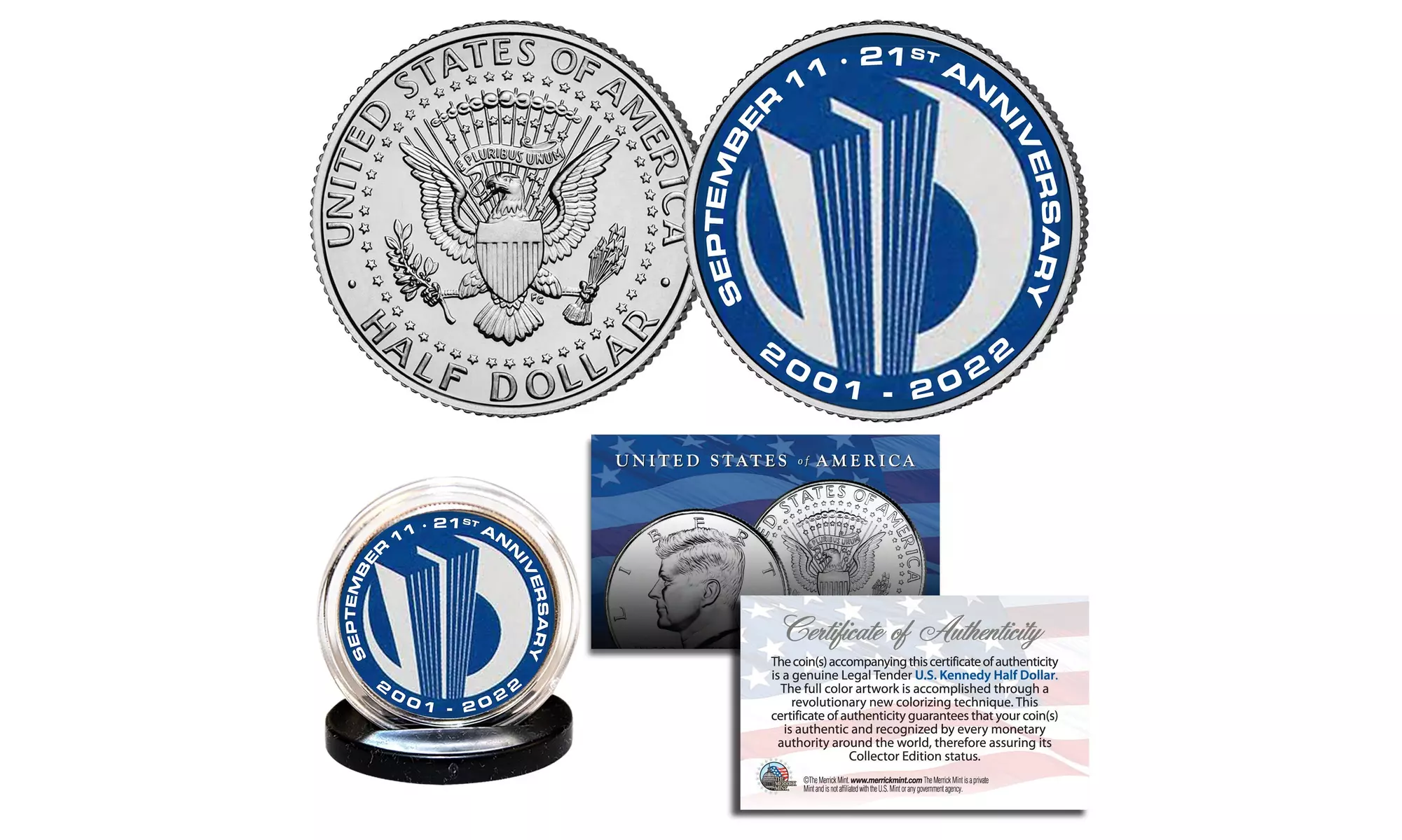 9-11 World Trade Center 21st Anniv JFK Half Dollar Coin w/Original Towers Logo - Primary Image