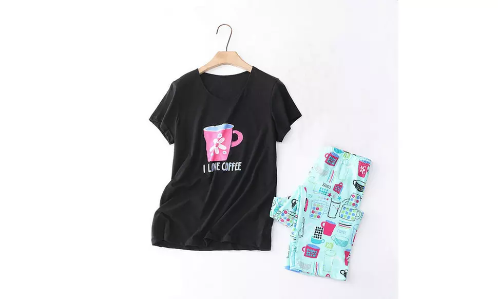 Women Summer Fun Prints Pajama Set Tops Capri Pants Casual Sleepwear