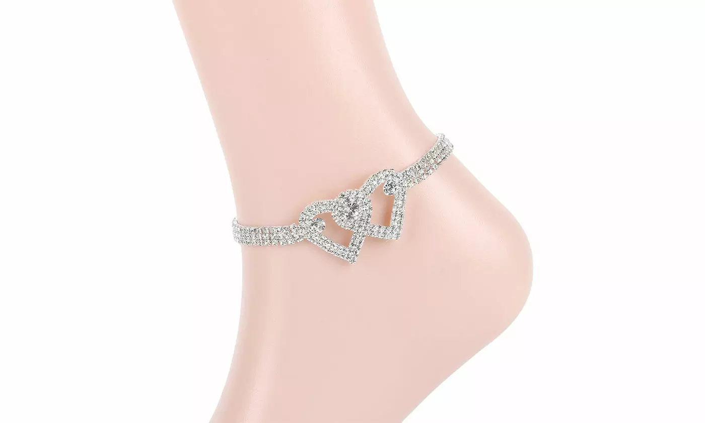 Rhinestone Double Heart Ankle Bracelets Crystal Tennis Anklet Bracelet Jewelry 