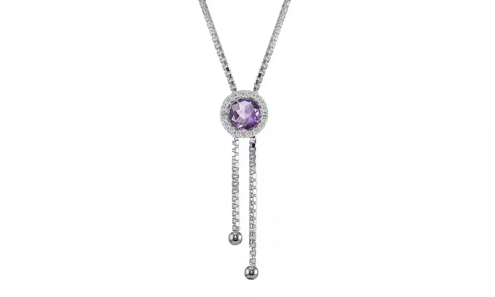 Amethyst Round Halo Drop Adjustable Lariat Necklace w/ Topaz Accents in Silver