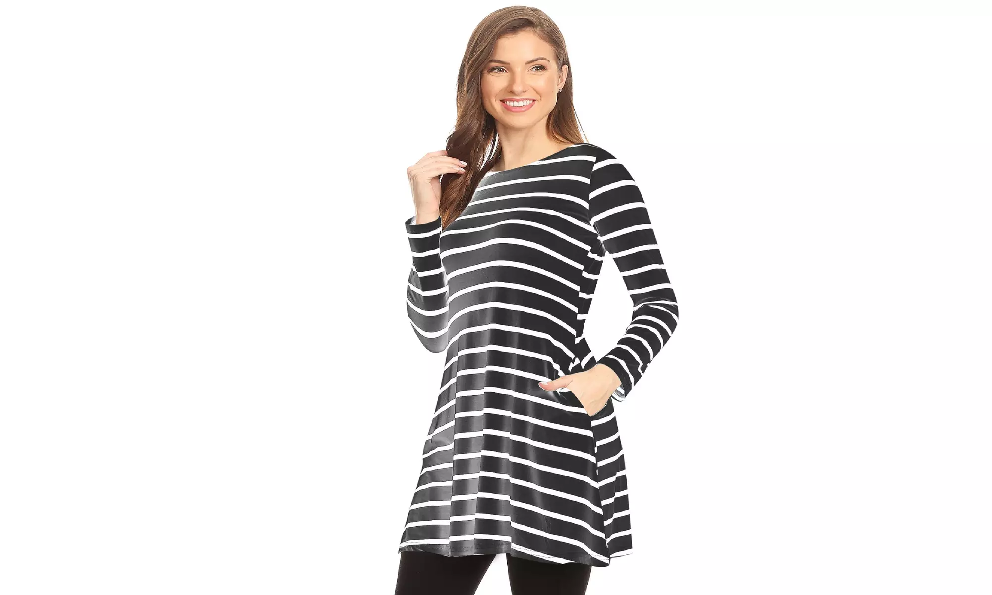 Striped A-Line Pockets Long Sleeves Relaxed Fit Dress Tee Top