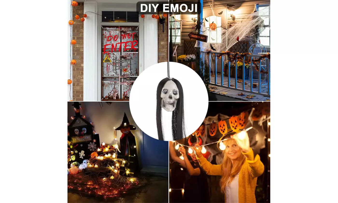 20" Halloween Hanging Ghost LED Glowing Eyes Halloween Prop Skull Scray Hair