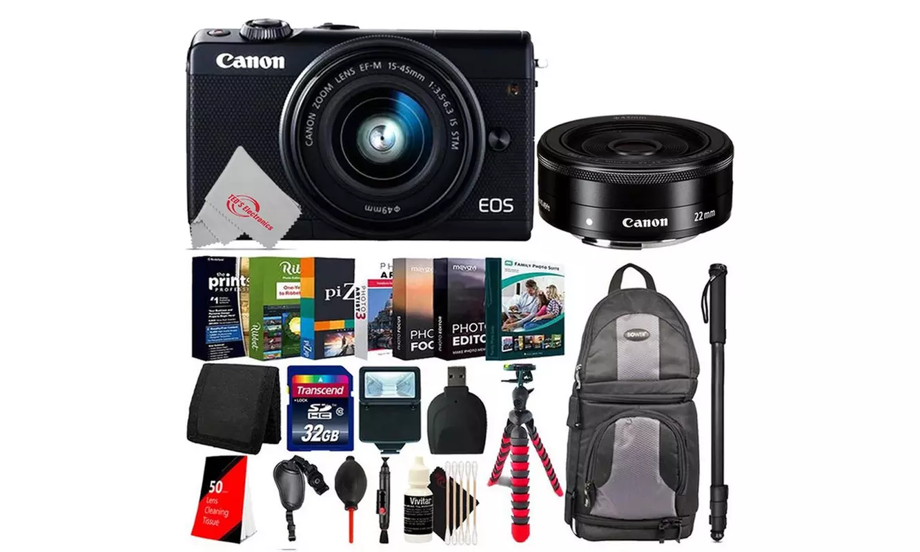 Canon EOS M100 Mirrorless Digital Camera Blk w 15-45mm, EF-M 22mm f2 STM Lenses - Primary Image