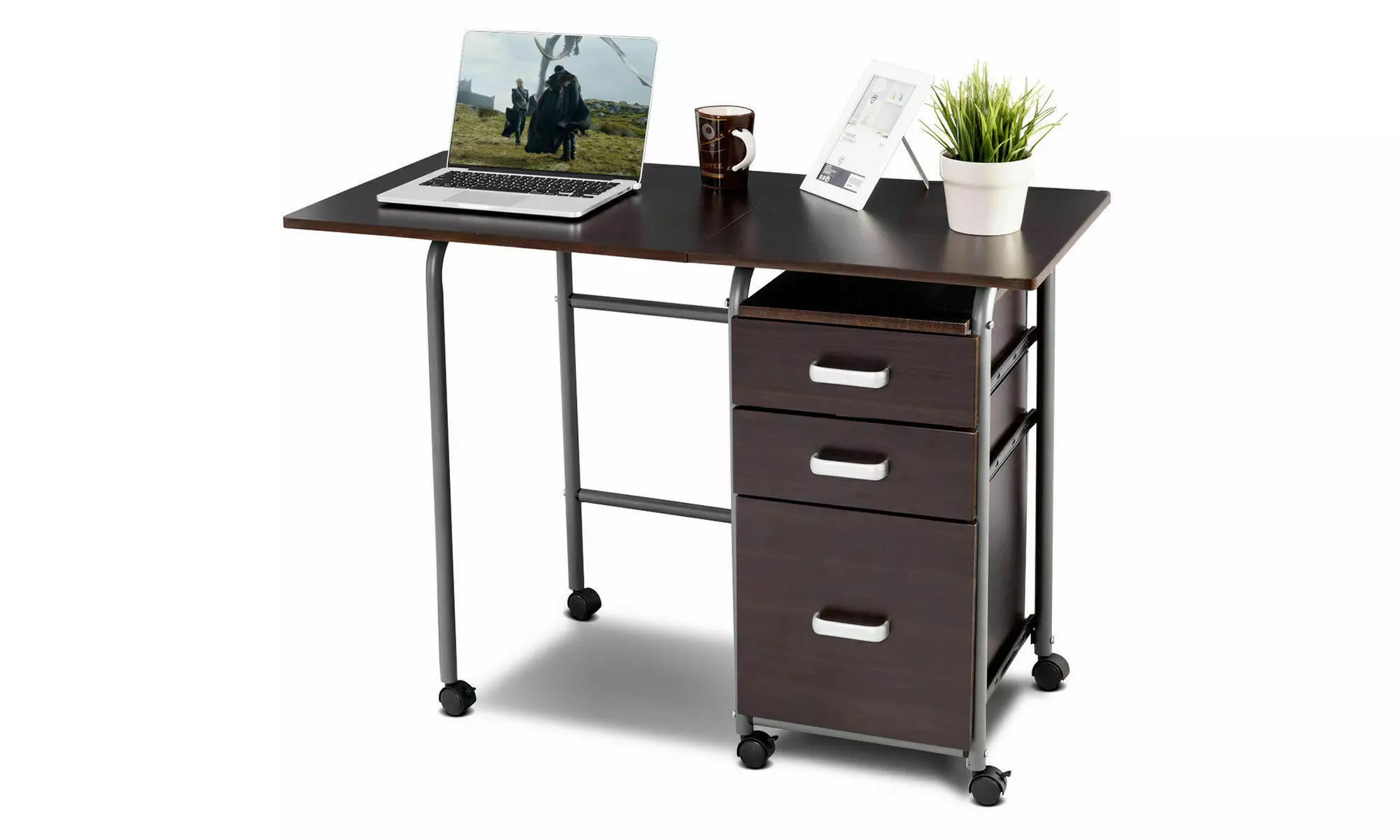 Folding Computer Laptop Desk Wheeled Home Office Furniture w/3 Drawers Brown - Primary Image