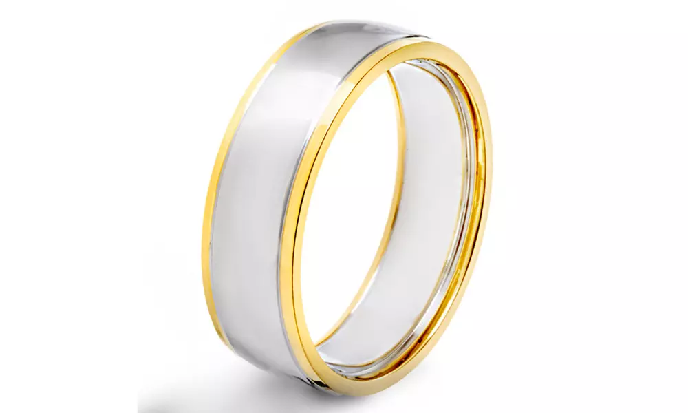 Stainless Steel Goldplated Two-Tone Grooved Band Ring - Primary Image