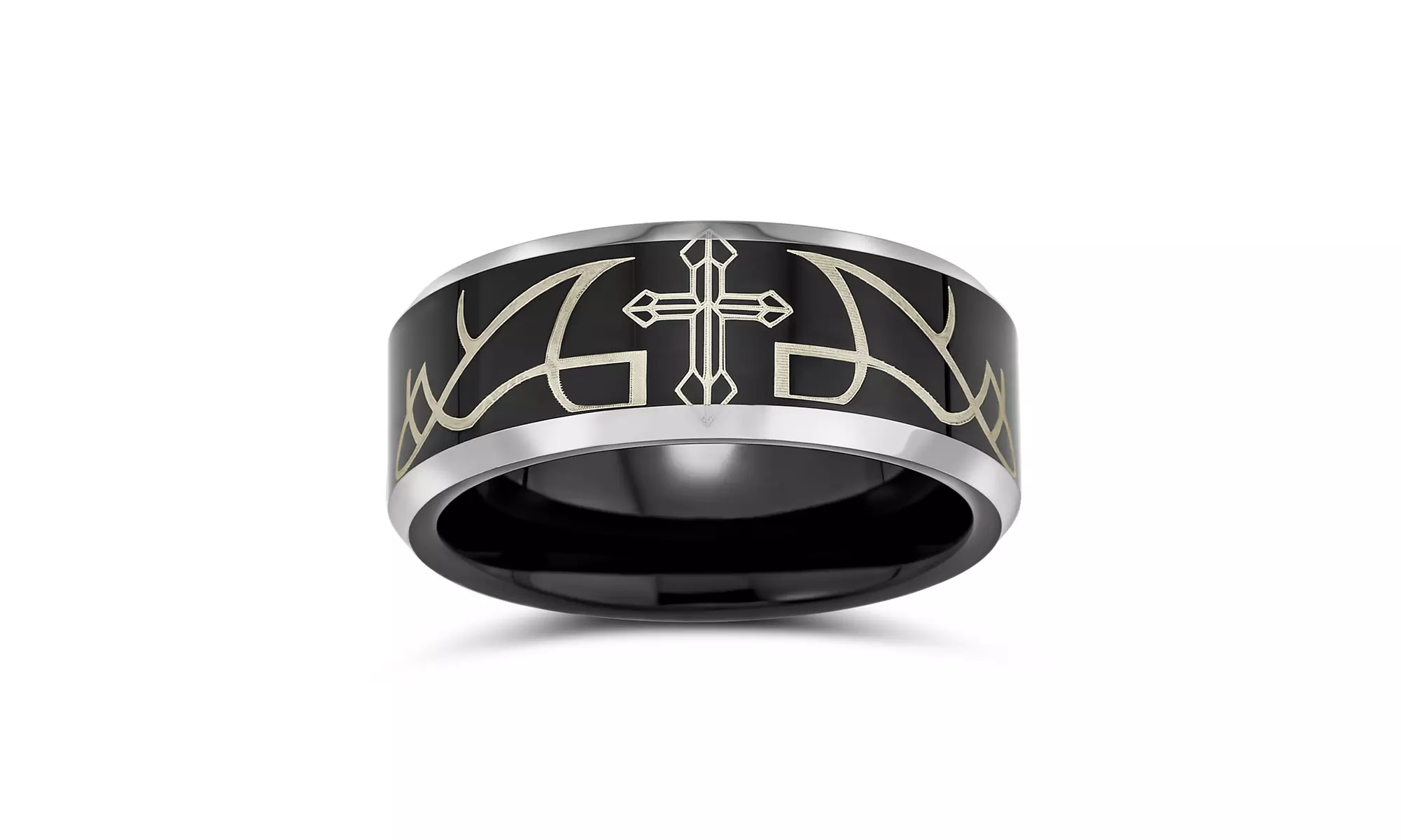 Laser Etched Catholic Black Christ Thorn Cross Band Titanium Rings 8MM - Second Medium