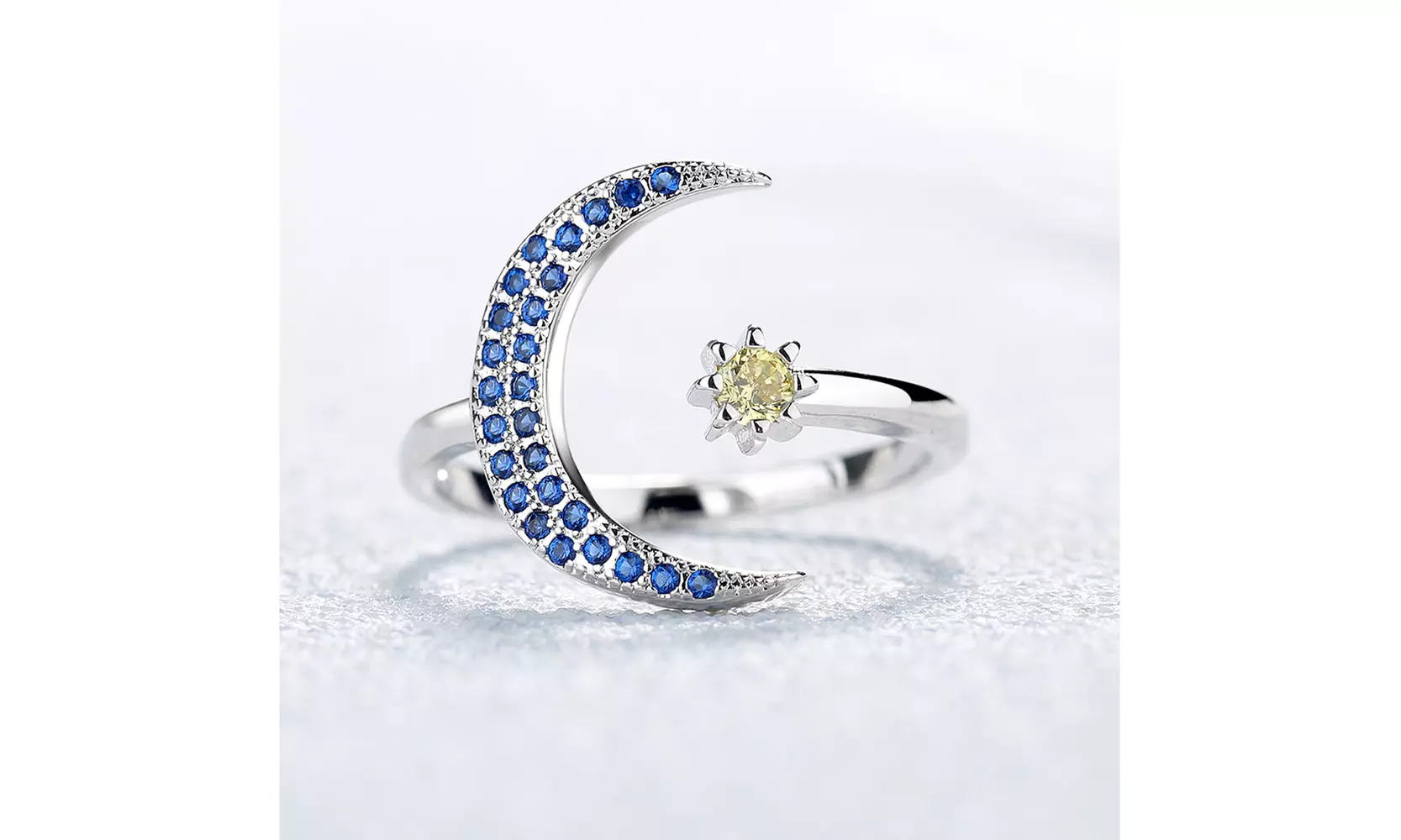 18K White Gold Plated Crescent Moon Bypass Ring with crystals from Swarovski - Primary Image