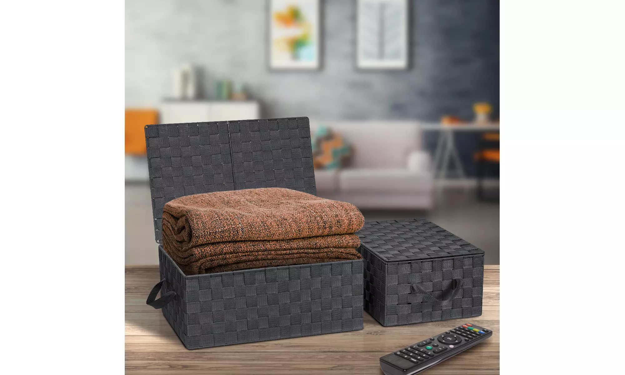3-Pack Storage Box w/ Lid for Closet & Shelves - Woven Fabric Basket Organizer