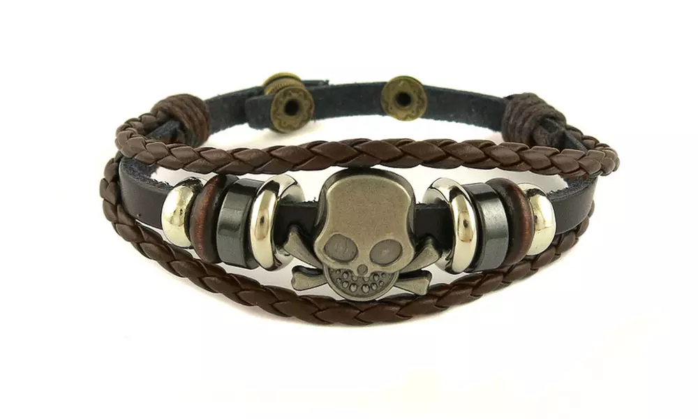 Mens Tri Row Genuine Leather Skull Bracelet - Second Medium