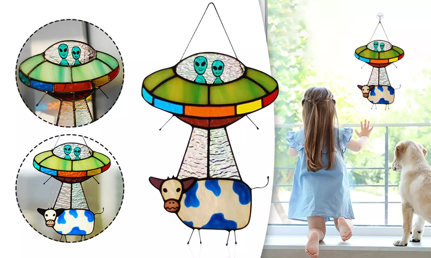 UFO Alien Cow Ornaments Stained Glass Window Panel for Doors Garden Home Decor - Primary Image