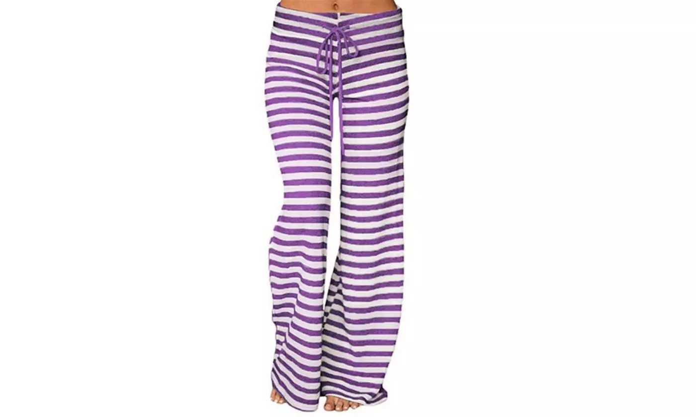 Fashion Striped Casual Long Pants Women Mid Waist Wide Leg Yoga Pants - Second Medium
