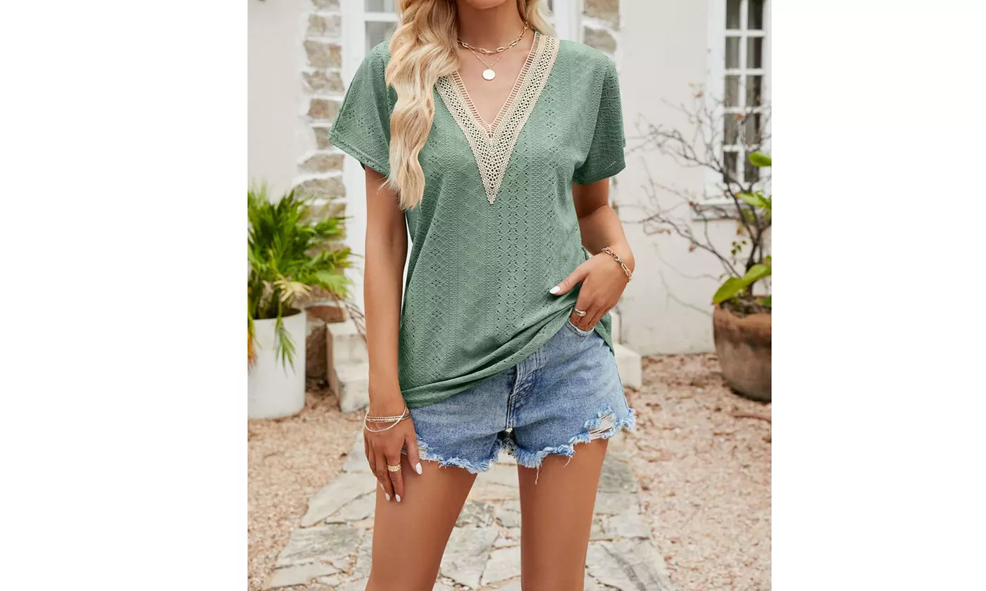 Women Summer Tee Tops Short Sleeve Shirts Lace V Neck Tunic