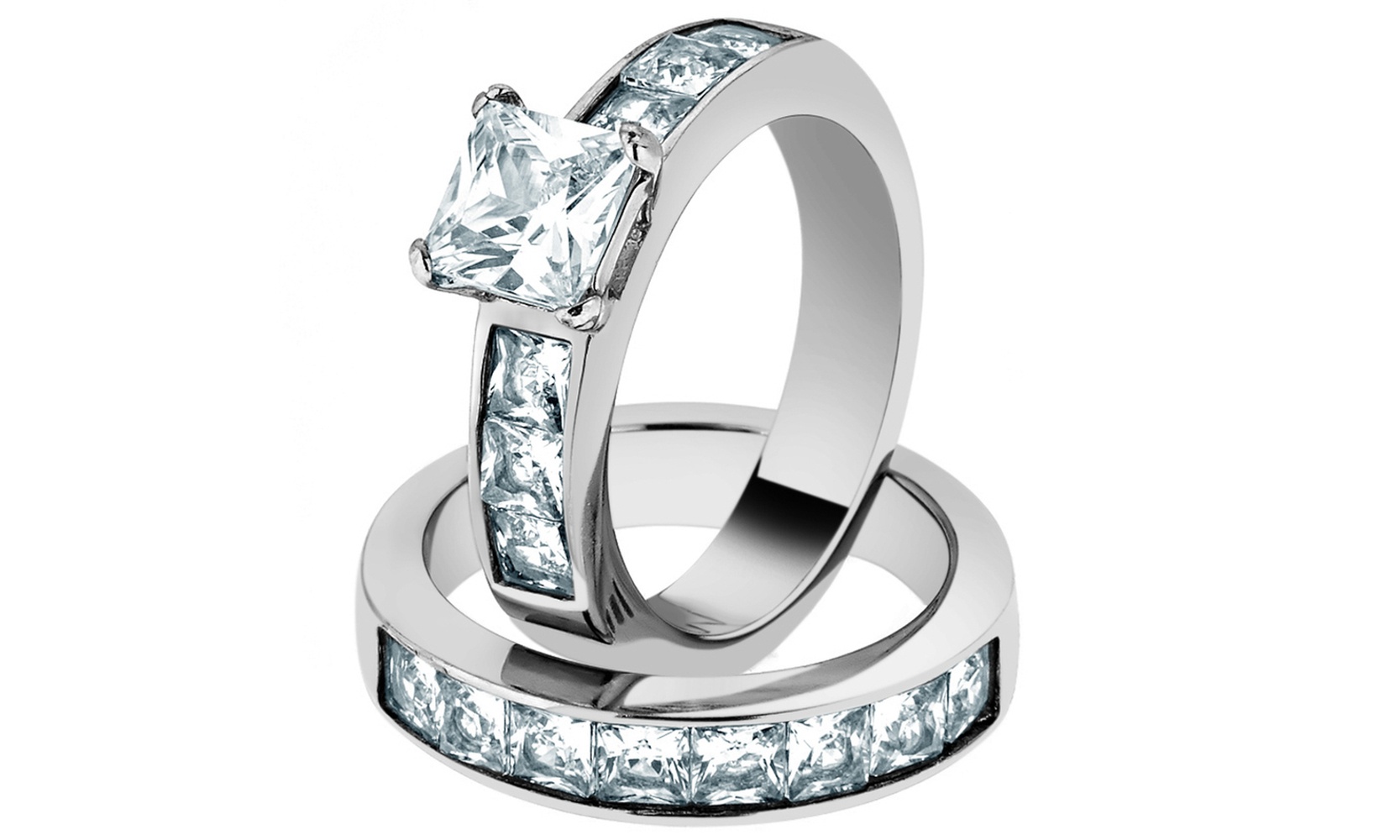 Women's 3.75 Carat Princess Cut CZ Stainless Steel Wedding Ring Set