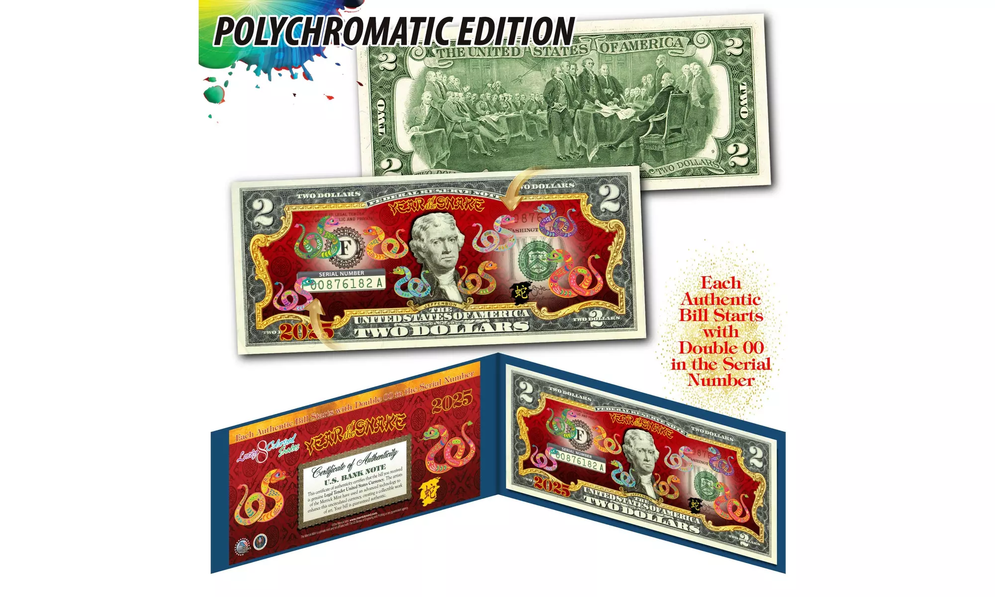 2025 Chinese New Year of the Snake Polychromatic 2.00 Dollar Bill Blue Folio