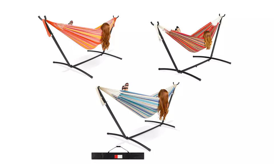 2-Person Indoor Outdoor Brazilian-Style Cotton Double Hammock Bed & Steel Stand - Primary Image