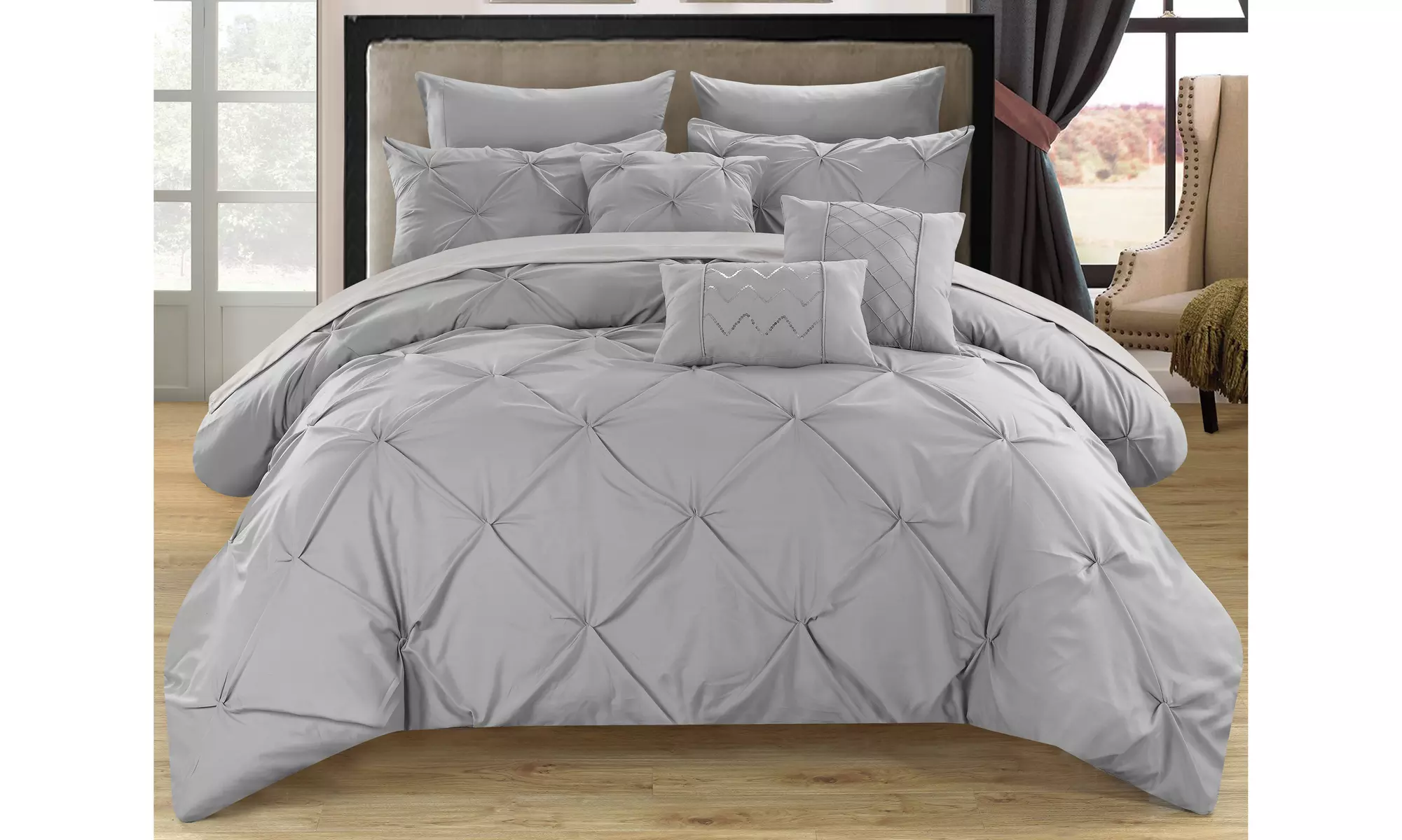 10 or 8 Pc Sabrina Pinch Pleated, Ruffled complete Comforter Set With sheet set - Primary Image