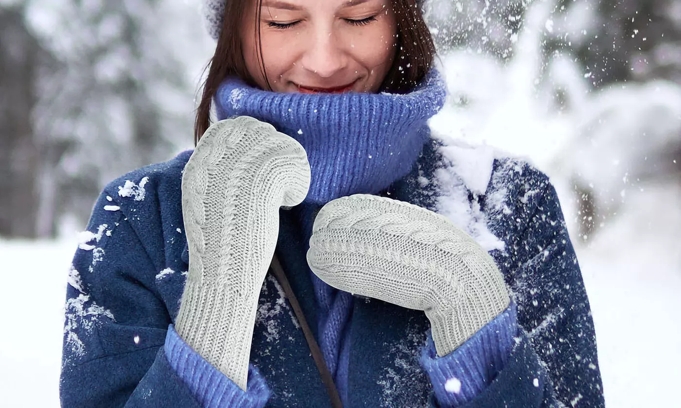 Women's Cozy Winter Knit Mitten Gloves With Fleece Lining