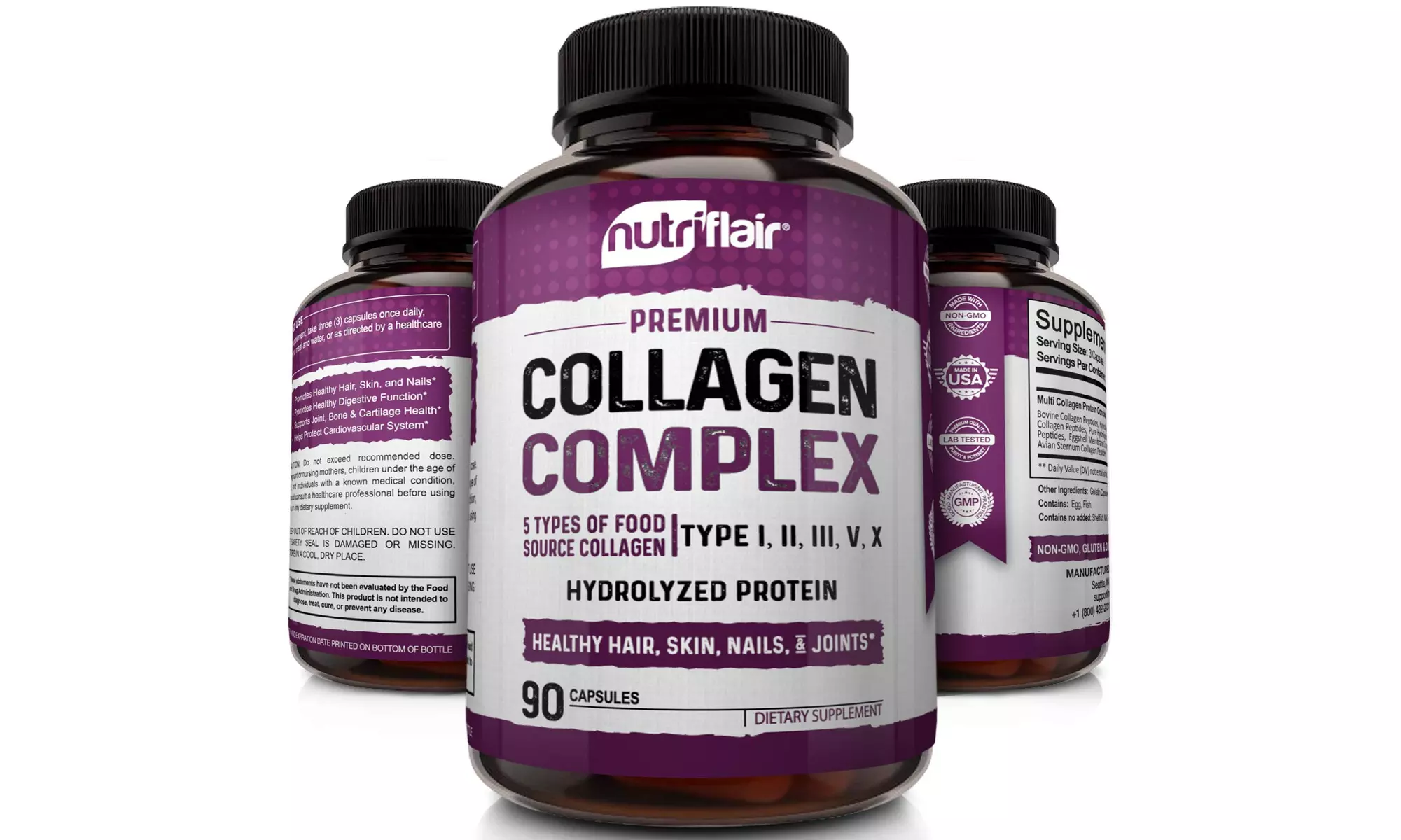 NutriFlair Multi Collagen Pills Type I,II,III,V,X Premium Collagen Peptides  - Primary Image
