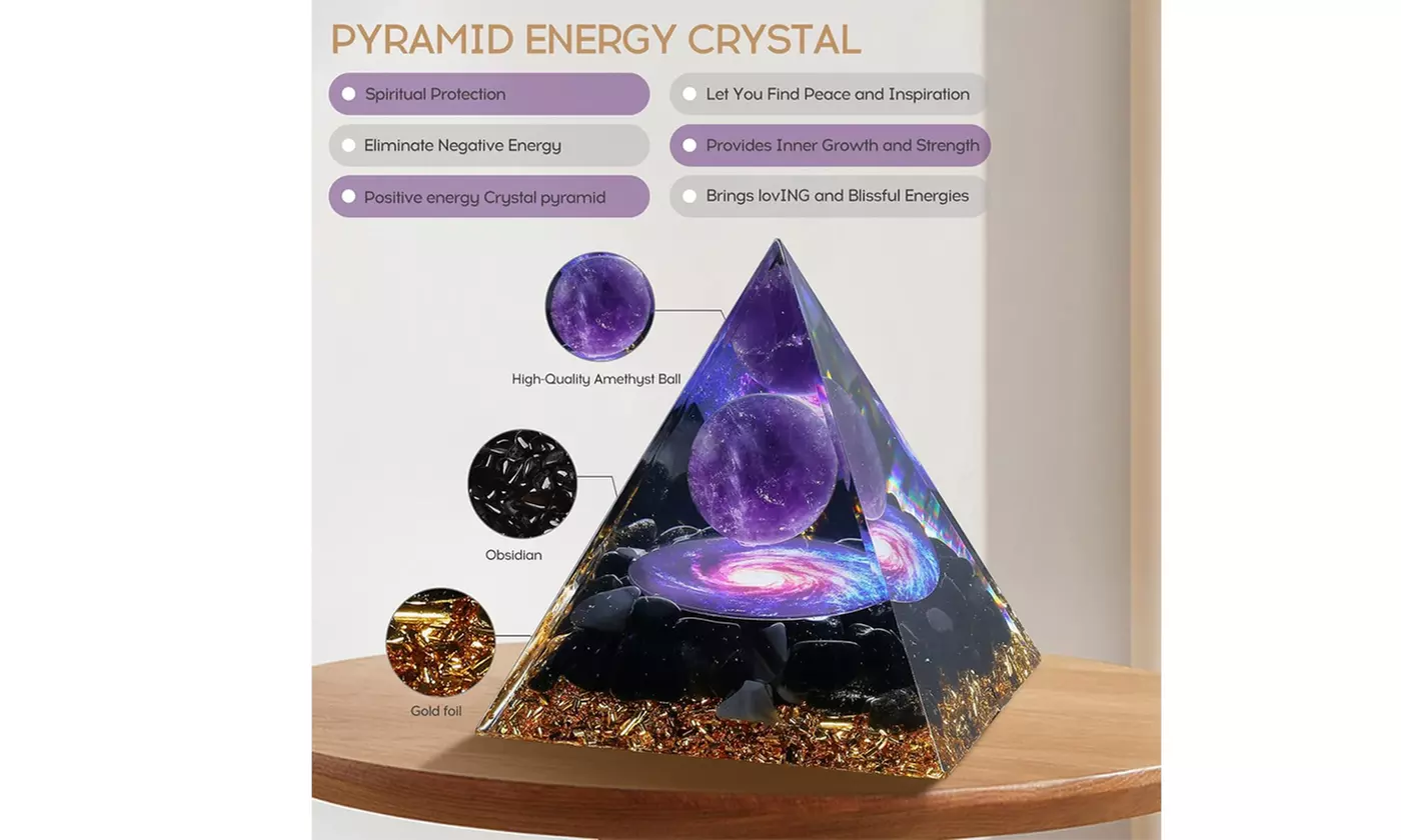 Orgone Pyramid Taichi Amethyst&Obsidian Healing Crystal Pyramid Energy Generator