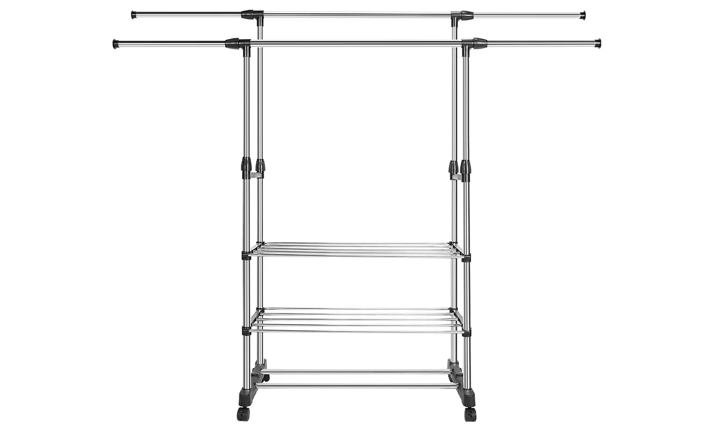 NewHome Extendable Double Rail Rolling Clothes Garment Hanging Rack w/ 3 Shelves - Second Medium