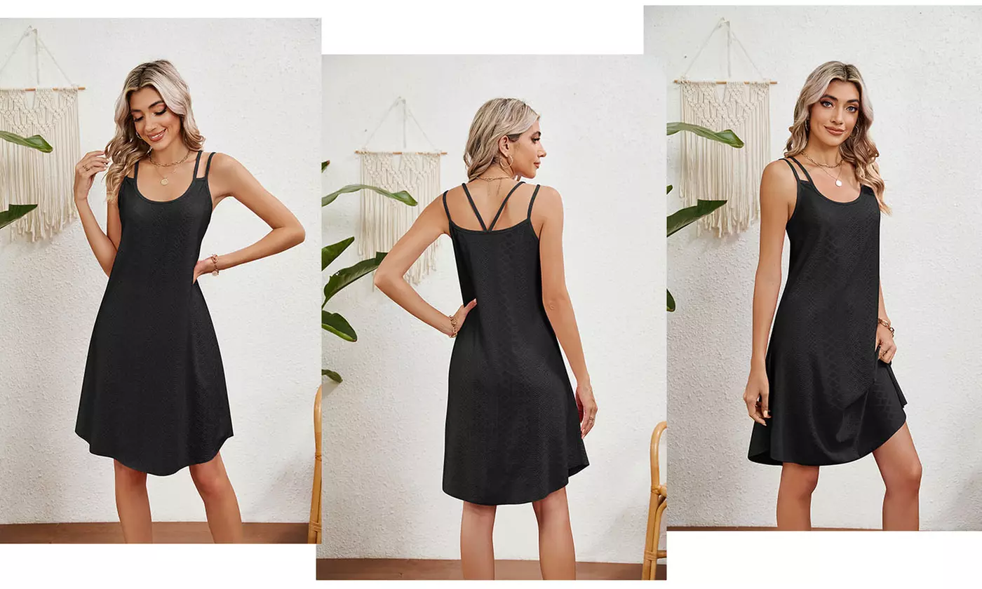 Women's Summer Scoop Neck Double Strap Tank Swing Midi Dress