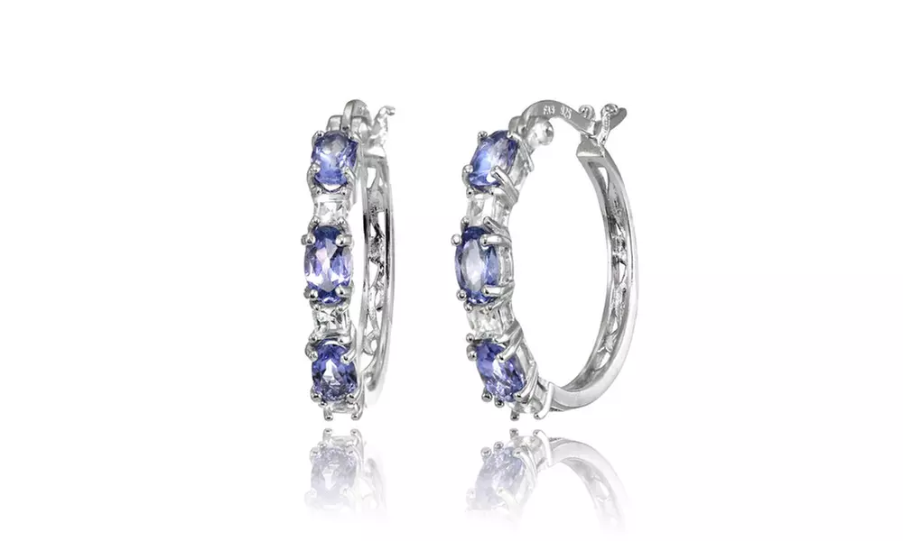 925 Silver 5x3mm Oval Tanzanite & Princess White Topaz Filigree Hoop Earrings - Primary Image
