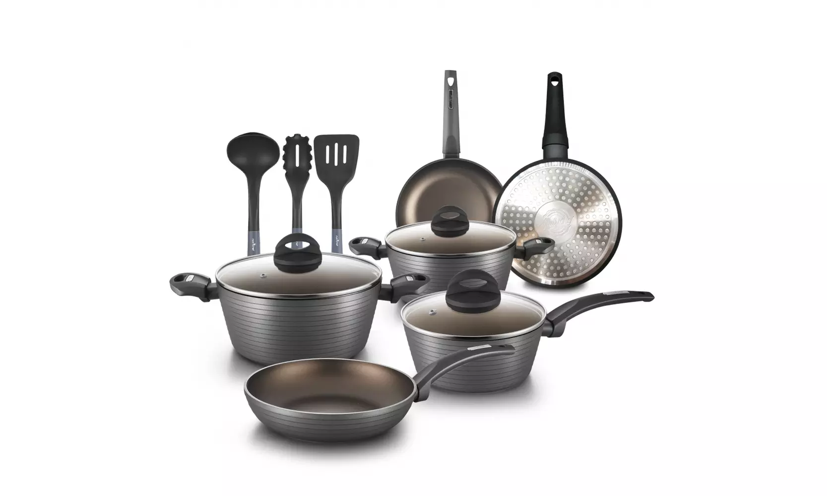 Cookware Set w/ Stylish Metallic Ridge-Line Pattern, Non-Stick (12-Piece Set) - Primary Image