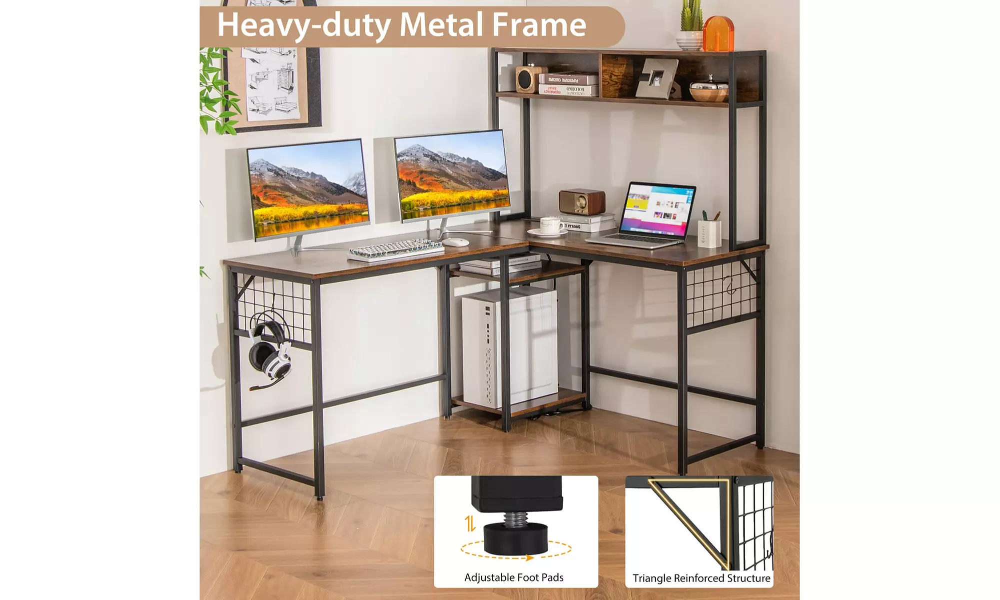 L-shaped Desk with Power Outlet Large Corner Desk Converts to 2-Person Long Desk