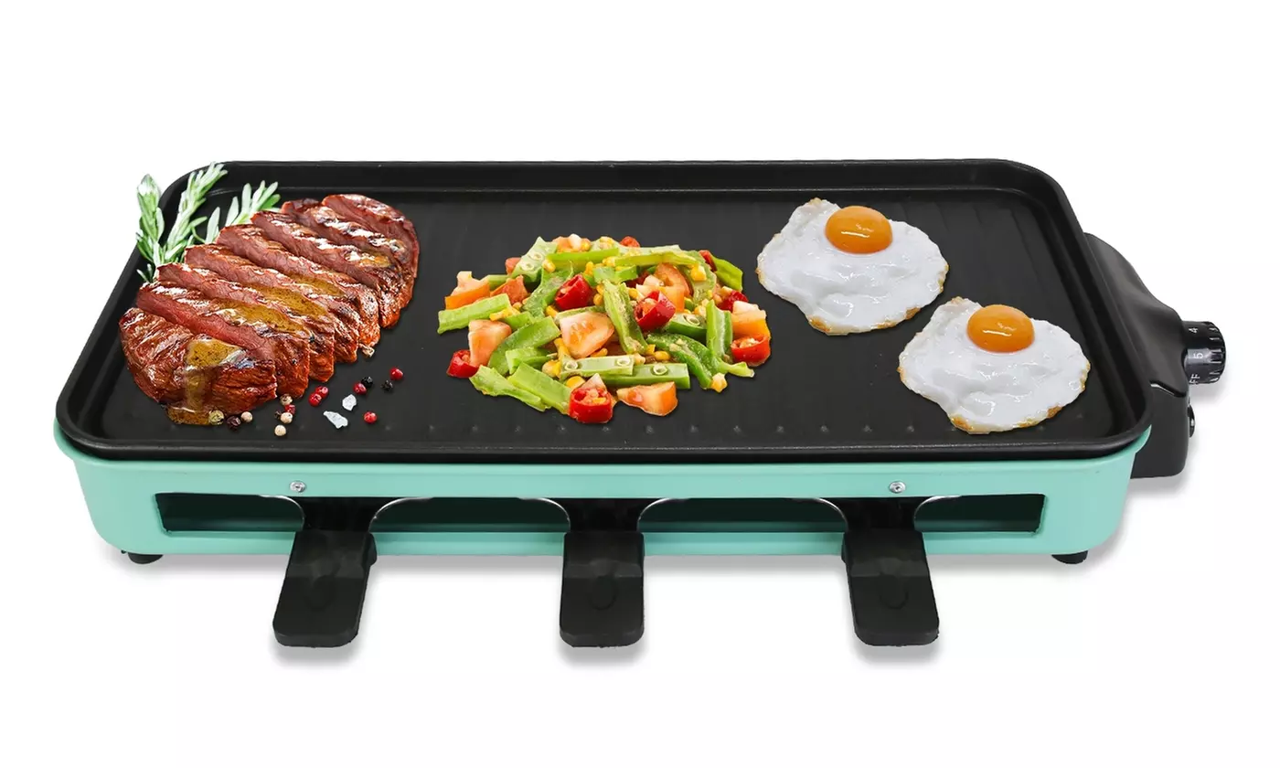 NewHome 1500W 2-In-1 Electric Indoor BBQ Grill with Grill Net and Raclette Trays