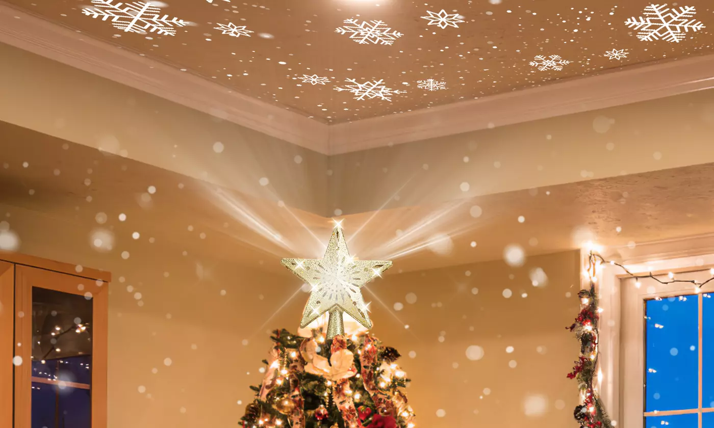 Christmas Tree Topper Lighted Star with Rotating Snowflake LED Projector - Primary Image