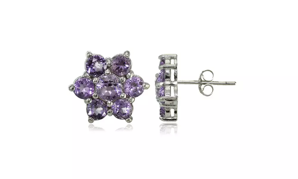 Sterling Silver Amethyst Flower Stud Earrings - Primary Image