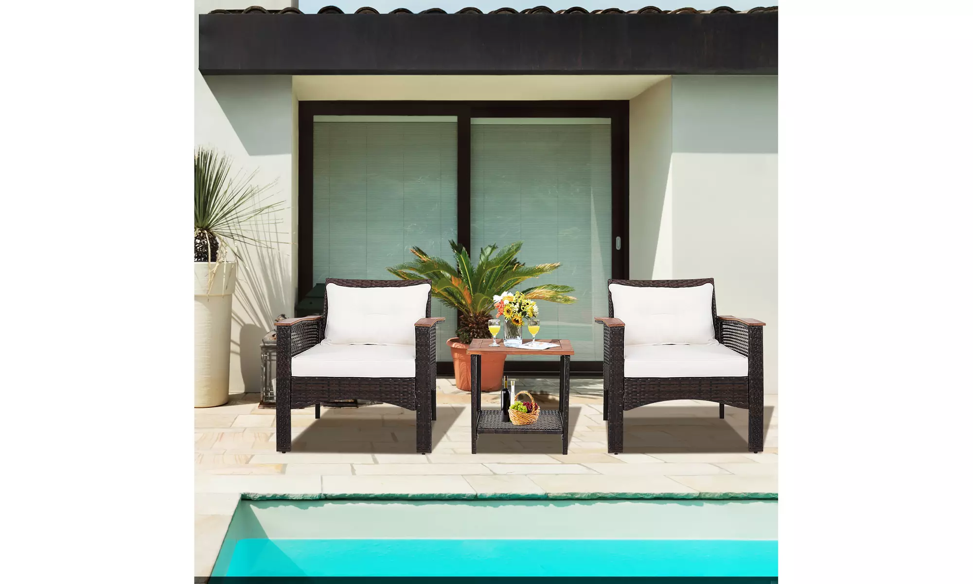 Costway 3PCS Patio Rattan Furniture Set Acacia Wood Table Top W/Shelf Cushioned - Primary Image